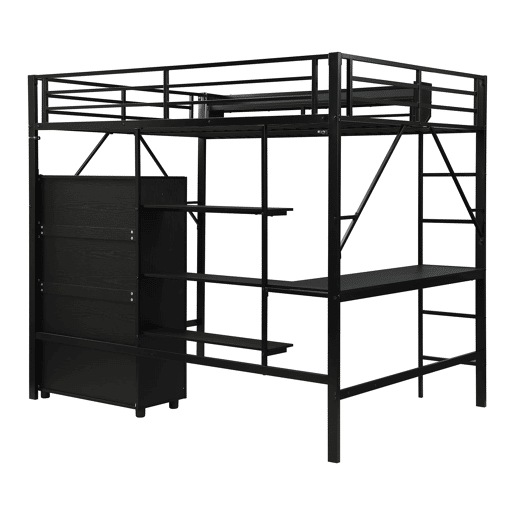 Cama alta 140x200 cm - Beliche com secretária e armário, armazenamento duplo - Preto