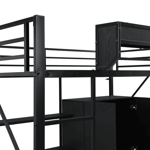 Cama alta 140x200 cm - Beliche com secretária e armário, armazenamento duplo - Preto