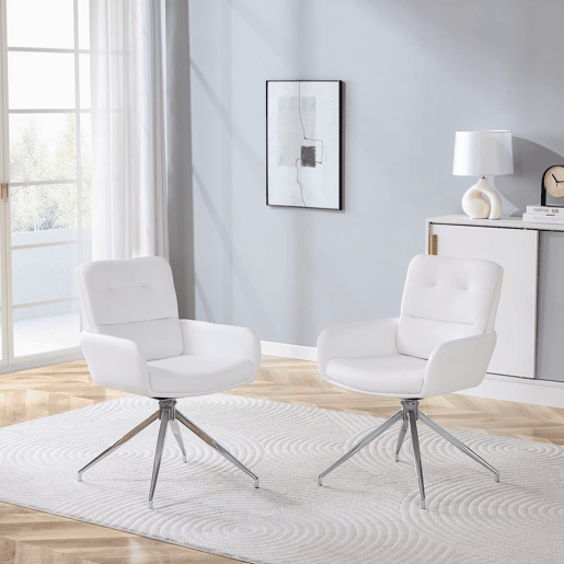 Cadeira giratória 2 unidades - Design luxuoso e leve, giratória em 360°, PU branco + pernas em metal prateado