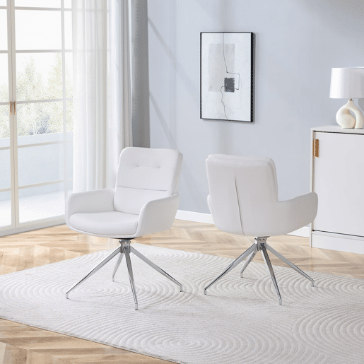Cadeira giratória 2 unidades - Design luxuoso e leve, giratória em 360°, PU branco + pernas em metal prateado