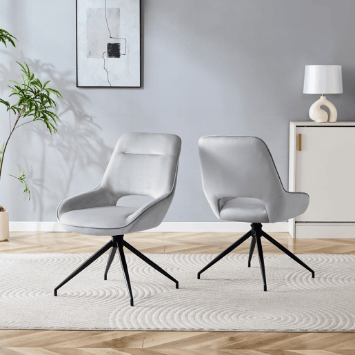 Cadeira de sala de jantar 2 unidades - giratória 360° em veludo cinza claro - pernas metálicas pretas Cadeira de sala de jantar 2 unidades - giratória 360° em veludo cinza claro - pernas metálicas pretas