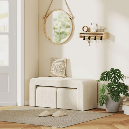 HOMCOM Conjunto de 3 Bancos Grande e 2 Pequenos Bancos Modernos em Veludo Design Compacto para Sala Entrada Corredor Quarto 104x44x48 cm Creme