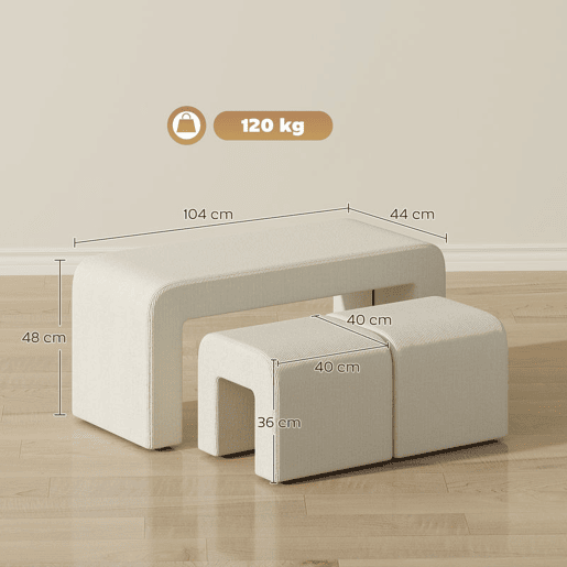 HOMCOM Conjunto de 3 Bancos Grande e 2 Pequenos Bancos Modernos em Veludo Design Compacto para Sala Entrada Corredor Quarto 104x44x48 cm Creme