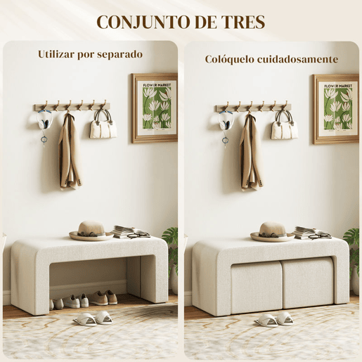 HOMCOM Conjunto de 3 Bancos Grande e 2 Pequenos Bancos Modernos em Veludo Design Compacto para Sala Entrada Corredor Quarto 104x44x48 cm Creme