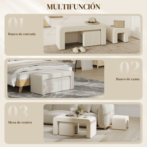 HOMCOM Conjunto de 3 Bancos Grande e 2 Pequenos Bancos Modernos em Veludo Design Compacto para Sala Entrada Corredor Quarto 104x44x48 cm Creme