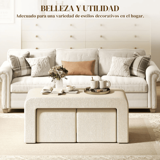 HOMCOM Conjunto de 3 Bancos Grande e 2 Pequenos Bancos Modernos em Veludo Design Compacto para Sala Entrada Corredor Quarto 104x44x48 cm Creme