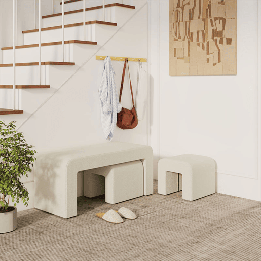 HOMCOM Conjunto de 3 Bancos Grande e 2 Pequenos Bancos Modernos em Veludo Design Compacto para Sala Entrada Corredor Quarto 104x44x48 cm Creme