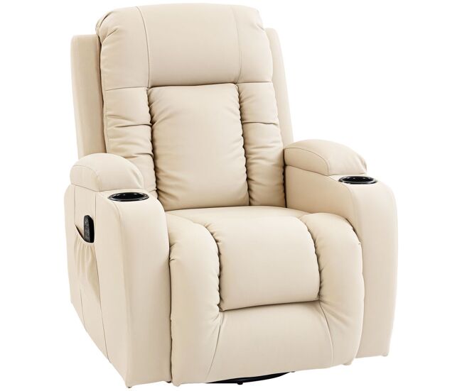 Homcom sillón de masaje giratorio, sillón relax reclinable con 8 puntos de masaje, función calefacción lumbar, mando a distancia, tapizado en pu, reposapiés, bolsillo lateral, función basculante crema