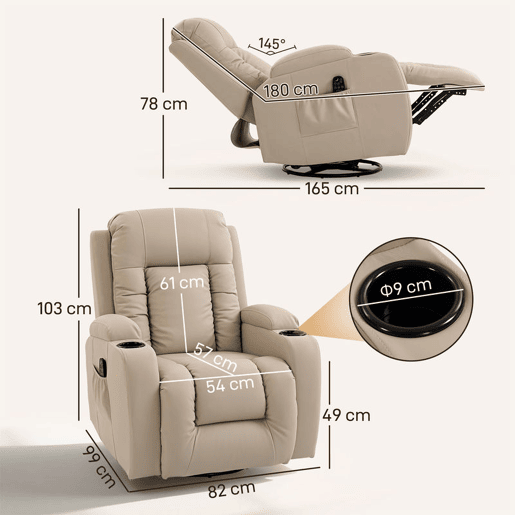 HOMCOM Poltrona de Massagem Reclinável até 145° Poltrona Relax com 8 Pontos de Massagem por Vibração Função de Aquecimento Giratória e Controlo Remoto 82x99x103 cm Creme
