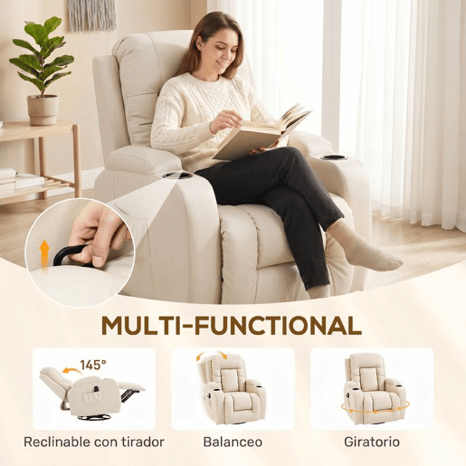 HOMCOM Poltrona de Massagem Reclinável até 145° Poltrona Relax com 8 Pontos de Massagem por Vibração Função de Aquecimento Giratória e Controlo Remoto 82x99x103 cm Creme