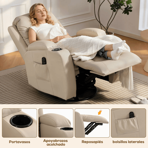 HOMCOM Poltrona de Massagem Reclinável até 145° Poltrona Relax com 8 Pontos de Massagem por Vibração Função de Aquecimento Giratória e Controlo Remoto 82x99x103 cm Creme