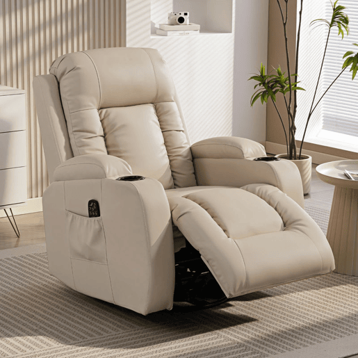 HOMCOM Poltrona de Massagem Reclinável até 145° Poltrona Relax com 8 Pontos de Massagem por Vibração Função de Aquecimento Giratória e Controlo Remoto 82x99x103 cm Creme