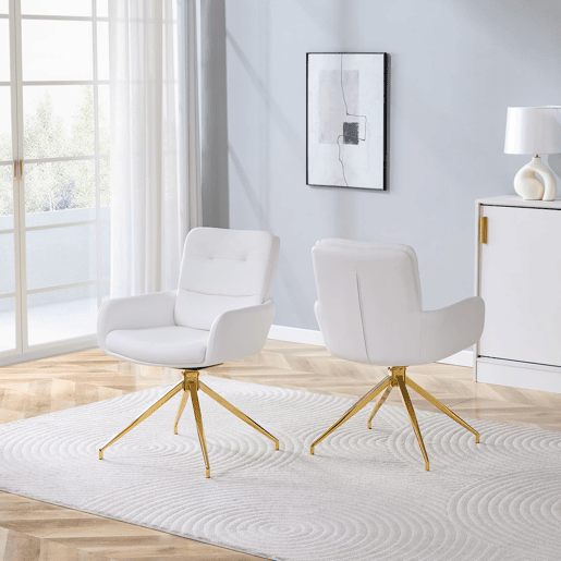 Cadeira giratória 2 unidades - design luxuoso e leve, PU branco, pernas em metal dourado, 360° - BrancoDourado