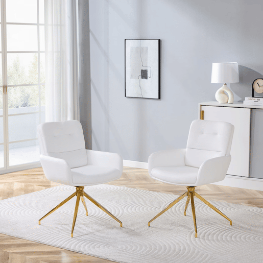 Cadeira giratória 2 unidades - design luxuoso e leve, PU branco, pernas em metal dourado, 360° - BrancoDourado