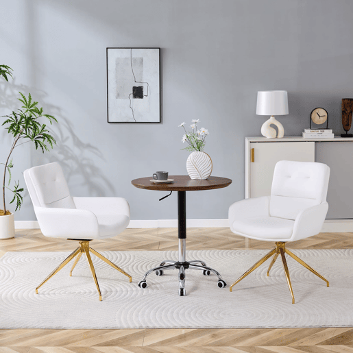 Cadeira giratória 2 unidades - design luxuoso e leve, PU branco, pernas em metal dourado, 360° - BrancoDourado