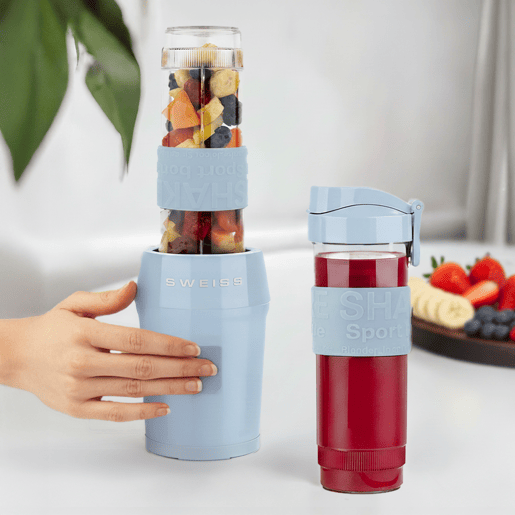 SWEISS Mini Liquidificadora Portátil MOOV6, Smoothie Maker, 2 Garrafas de 570 ml com Tampas de Viagem, 4 Lâminas em Aço Inoxidável, 300W, Azul