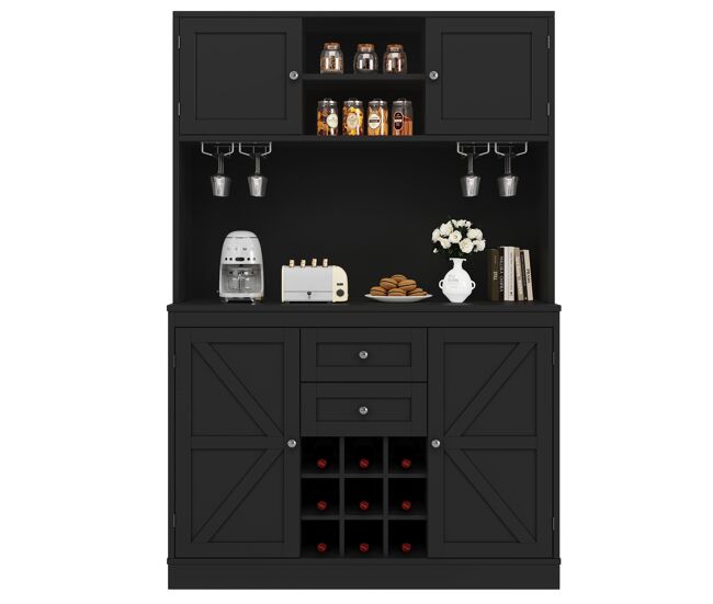 Aparador cocina 4 puertas - estantes ajustables, vinoteca, 2 cajones - negro