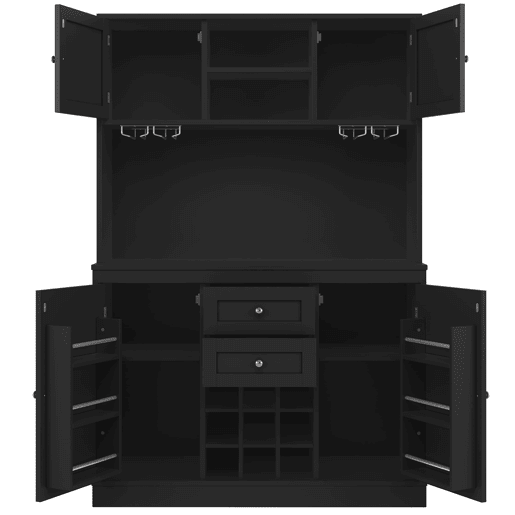 Aparador de cozinha com 4 portas - Prateleiras ajustáveis, vinoteca, 2 gavetas - Preto