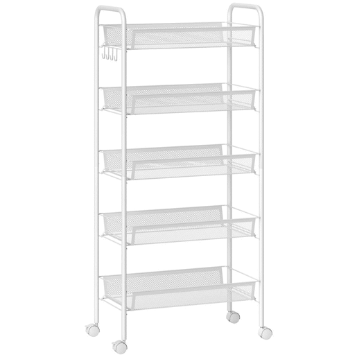 HOMCOM Carrinho Auxiliar com Rodas, Estante de Cozinha de 5 Níveis, Carrinho com 4 Ganchos, Suporta até 15 kg, Ideal para Cozinha, Sala de Estar ou Casa de Banho, 45x26,5x106 cm, Branco