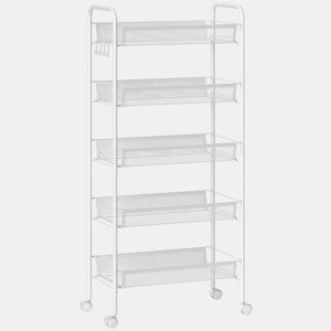 HOMCOM Carrinho Auxiliar com Rodas, Estante de Cozinha de 5 Níveis, Carrinho com 4 Ganchos, Suporta até 15 kg, Ideal para Cozinha, Sala de Estar ou Casa de Banho, 45x26,5x106 cm, Branco