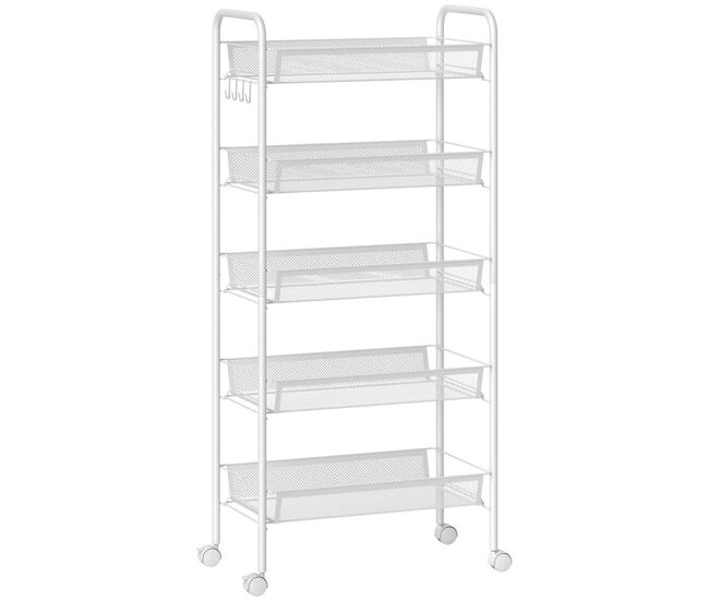 Homcom carrito auxiliar con ruedas, verdulero cocina de 5 niveles, carrito de cocina con 4 ganchos, carga 15 kg, para comedor, sala de estar, baño, 45x26,5x106 cm, blanco