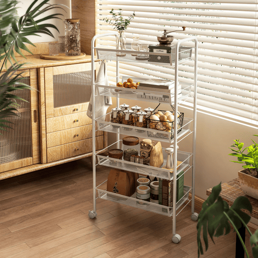 HOMCOM Carrinho Auxiliar com Rodas, Estante de Cozinha de 5 Níveis, Carrinho com 4 Ganchos, Suporta até 15 kg, Ideal para Cozinha, Sala de Estar ou Casa de Banho, 45x26,5x106 cm, Branco