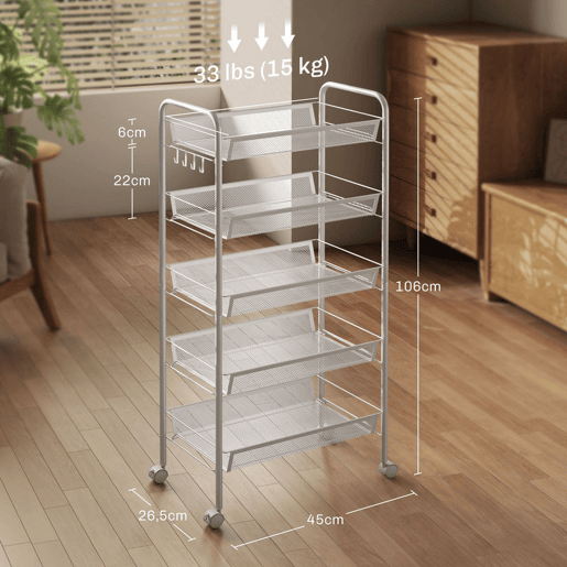 HOMCOM Carrinho Auxiliar com Rodas, Estante de Cozinha de 5 Níveis, Carrinho com 4 Ganchos, Suporta até 15 kg, Ideal para Cozinha, Sala de Estar ou Casa de Banho, 45x26,5x106 cm, Branco