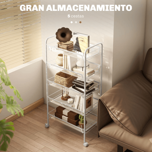 HOMCOM Carrinho Auxiliar com Rodas, Estante de Cozinha de 5 Níveis, Carrinho com 4 Ganchos, Suporta até 15 kg, Ideal para Cozinha, Sala de Estar ou Casa de Banho, 45x26,5x106 cm, Branco