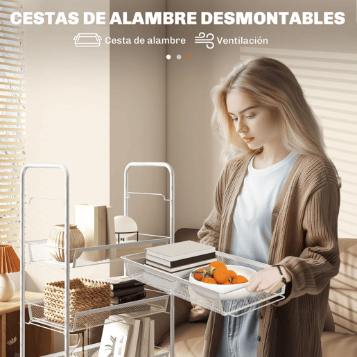 HOMCOM Carrinho Auxiliar com Rodas, Estante de Cozinha de 5 Níveis, Carrinho com 4 Ganchos, Suporta até 15 kg, Ideal para Cozinha, Sala de Estar ou Casa de Banho, 45x26,5x106 cm, Branco