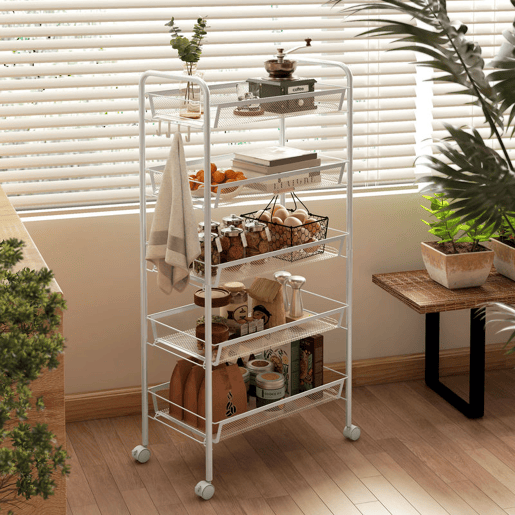 HOMCOM Carrinho Auxiliar com Rodas, Estante de Cozinha de 5 Níveis, Carrinho com 4 Ganchos, Suporta até 15 kg, Ideal para Cozinha, Sala de Estar ou Casa de Banho, 45x26,5x106 cm, Branco
