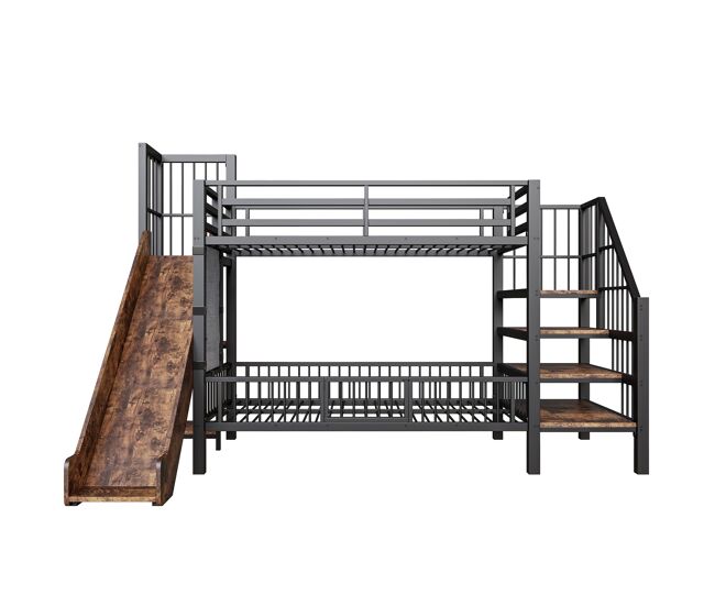 Cama alta infantil metálica 90x200 - con tobogán y escalera almacenaje - negro