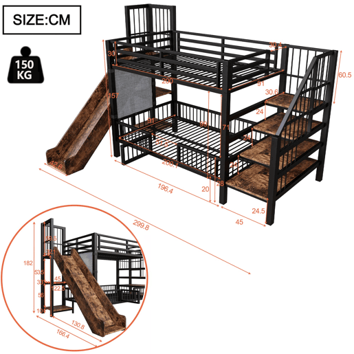 Cama alta infantil metálica 90x200 - com escorregador e escada de armazenamento - preta