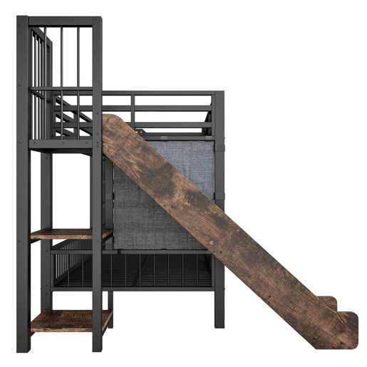 Cama alta infantil metálica 90x200 - com escorregador e escada de armazenamento - preta