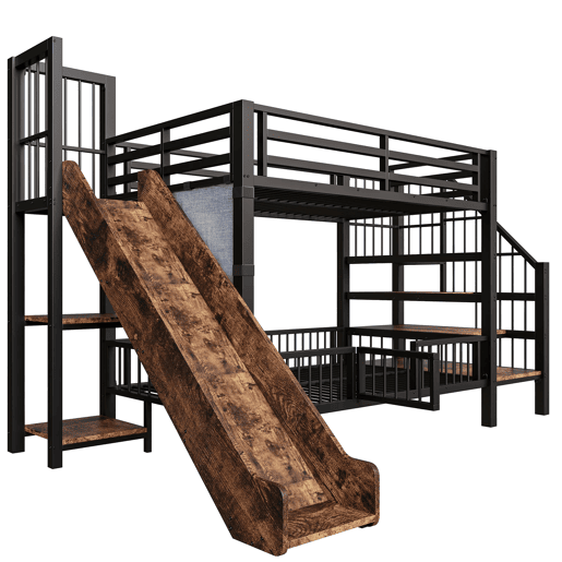 Cama alta infantil metálica 90x200 - com escorregador e escada de armazenamento - preta