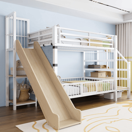 Cama alta infantil metálica 90x200 - com escorregador e escada com arrumação - branco