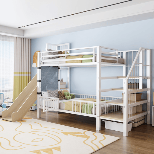 Cama alta infantil metálica 90x200 - com escorregador e escada com arrumação - branco