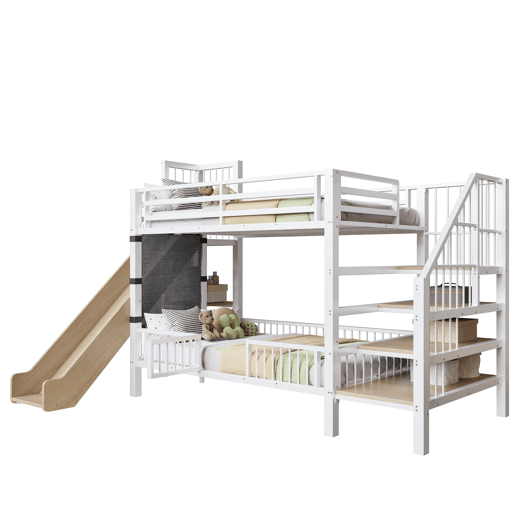 Cama alta infantil metálica 90x200 - com escorregador e escada com arrumação - branco