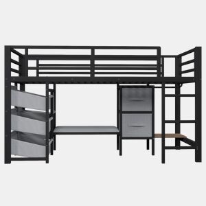 Cama alta 90x200 cm - Com almofada, arrumação, LED multicolorido, ganchos - Preto