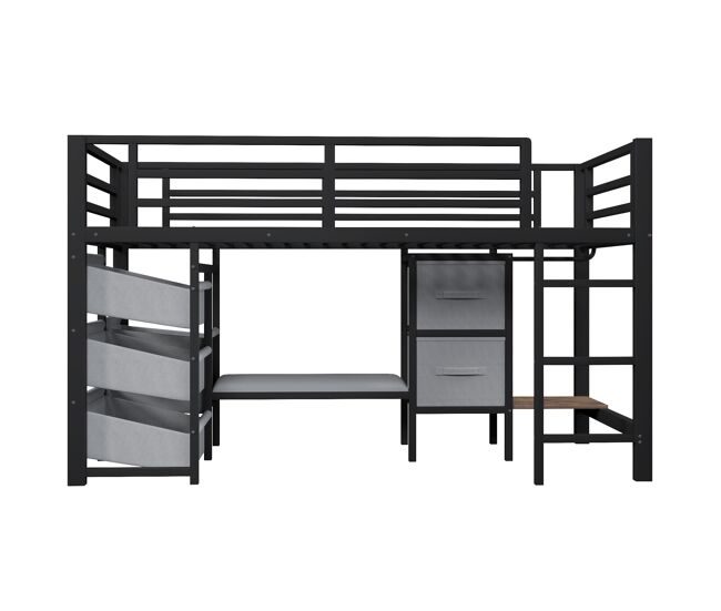 Cama alta 90x200 cm - con cojín, almacenamiento, led multicolor, ganchos - negro