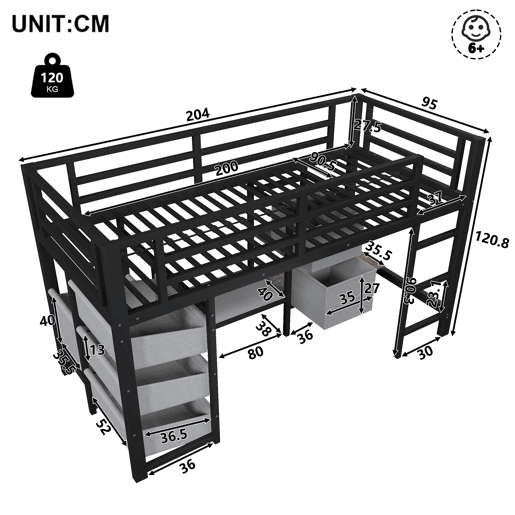Cama alta 90x200 cm - Com almofada, arrumação, LED multicolorido, ganchos - Preto