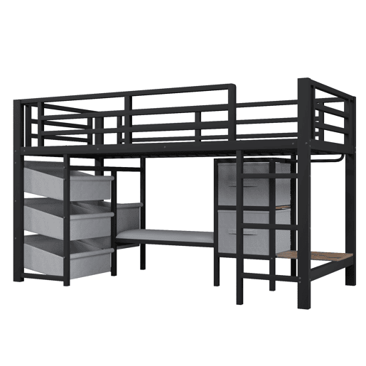 Cama alta 90x200 cm - Com almofada, arrumação, LED multicolorido, ganchos - Preto