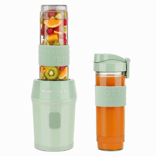 SWEISS Mini Liquidificadora Portátil MOOV7, Smoothie Maker, 2 Garrafas de 570 ml com Tampas de Viagem, 4 Lâminas em Aço Inoxidável, 300W, Verde