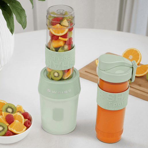 SWEISS Mini Liquidificadora Portátil MOOV7, Smoothie Maker, 2 Garrafas de 570 ml com Tampas de Viagem, 4 Lâminas em Aço Inoxidável, 300W, Verde