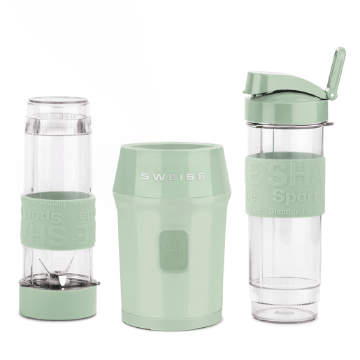 SWEISS Mini Liquidificadora Portátil MOOV7, Smoothie Maker, 2 Garrafas de 570 ml com Tampas de Viagem, 4 Lâminas em Aço Inoxidável, 300W, Verde
