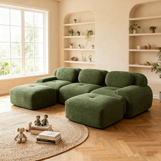 Sofá Modular 3 Lugares Com Chaise Long Versátil, Veludo Cotelê Verde, Assento Profundo e Espuma Alta Densidade 32D, Estilo Moderno Para Sala de Estar, Módulos Intercambiáveis Com Apoio de Pés Grande