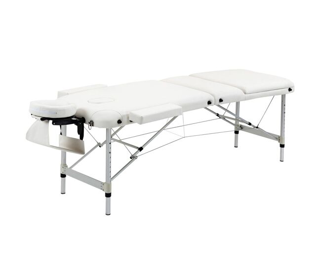 Homcom camilla masaje plegable portátil camilla estética profesional de aluminio de 3 zonas con respaldo altura ajustable 9 niveles reposacabezas extraíble reposabrazos bolsa para spa 215x81 cm blanco