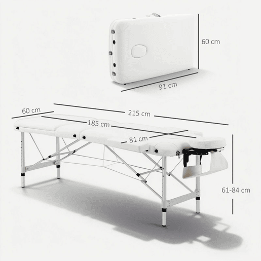 HOMCOM Marquesa de Massagem Dobrável e Portátil com Altura Ajustável Apoio para a Cabeça e Apoio para os Braços 215x81x61-84 cm Branco
