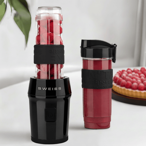 SWEISS Mini Liquidificadora Portátil MOOV9, Smoothie Maker, 2 Garrafas de 570 ml com Tampas de Viagem, 4 Lâminas em Aço Inoxidável, 300W, Preta