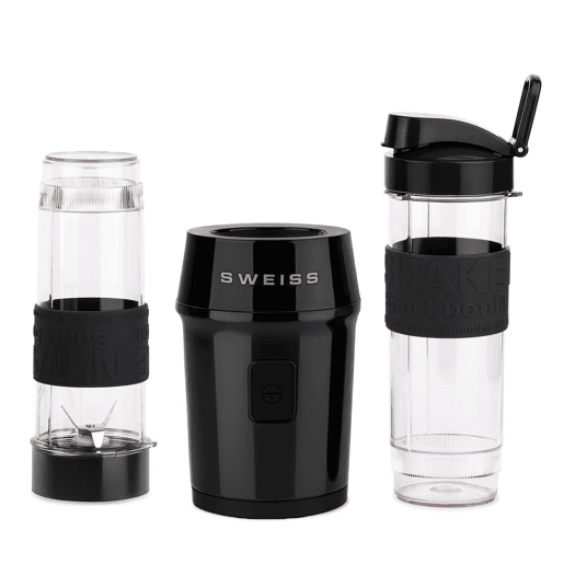 SWEISS Mini Liquidificadora Portátil MOOV9, Smoothie Maker, 2 Garrafas de 570 ml com Tampas de Viagem, 4 Lâminas em Aço Inoxidável, 300W, Preta
