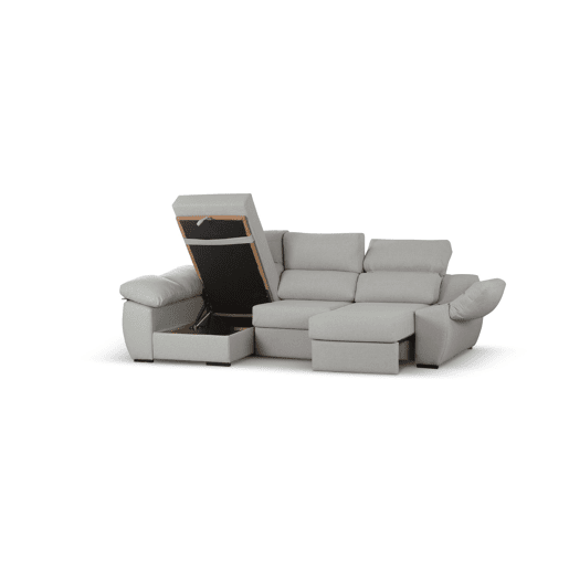 Sofá-cama com chaise longue, cor cinza claro, lado esquerdo.